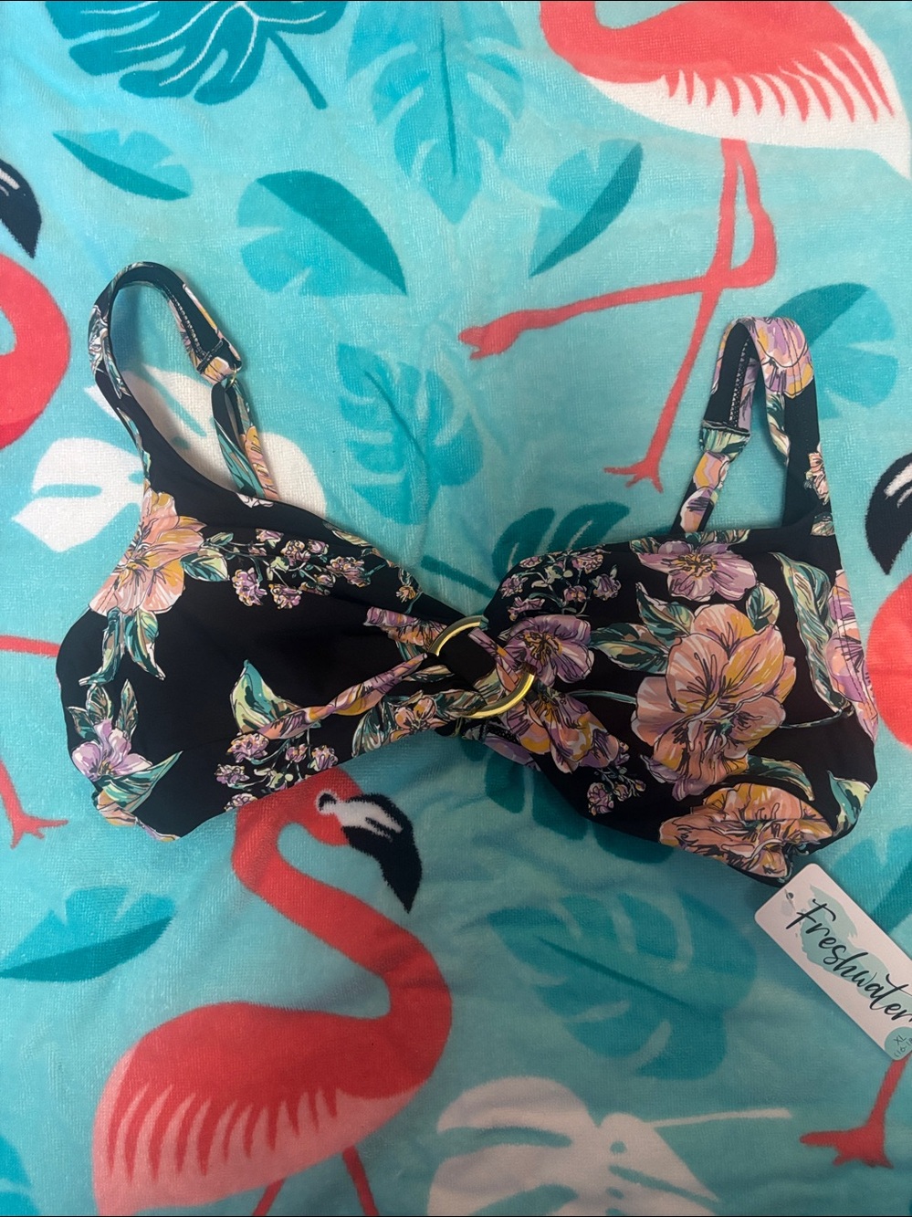 Freshwater Floral Bikini Top in Black with Pink & Teal Flowers